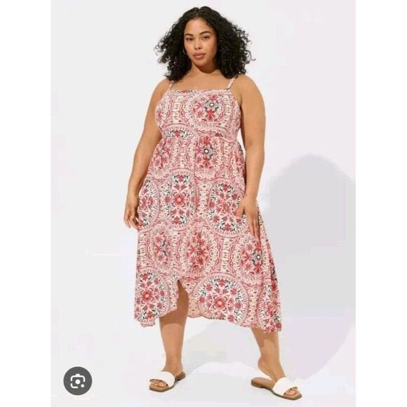 Torrid Tea Length Challis Square Neck Sleeveless Dress Red Americana Size 1X - Picture 1 of 11